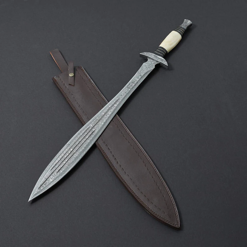 24-Inch-Custom-Handmade-Damascus-Steel-Neddle-Point-Battle-Ready-Viking-Style-Sword-useable-solid-double-edge-leaf-spring-Tempered